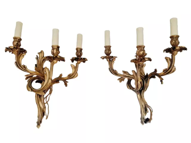 Vintage Pair French Louis XV Rococo Wall Light Sconce 3 Light Gilded Brass 1960