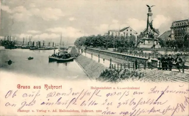 Ak Gruss Aus Duisburg Rhein Ruhrort Kaiserdenkmal Und Hafeneinfahrt 1900