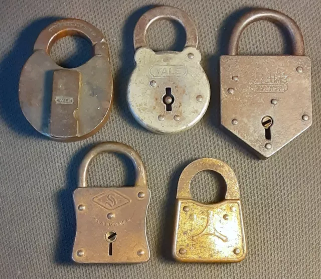 5 antique Padlocks, Miller, Slaymaker, Yale, Eagle brass and steel lever locks