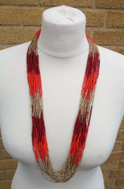 Women's Multi Strand Seed Bead Gold Coral Colours Long Necklace