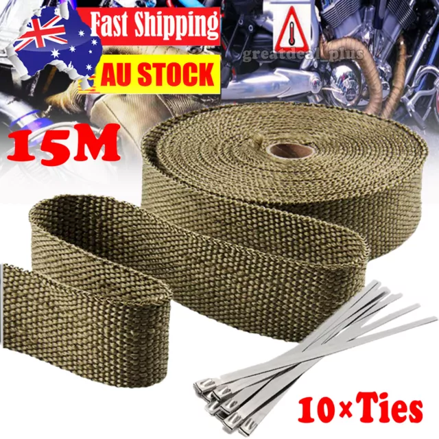 1 Roll 15M*5cm Titanium Exhaust Header Wrap with 10 Steel Locking Ties Universal