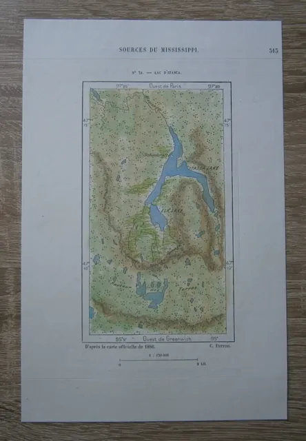 1892 Perron map ITASCA LAKE, SOURCE OF MISSISSIPPI, MINNESOTA, #79