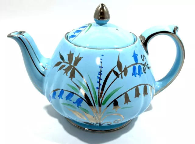 Vintage Blue Sadler England Teapot With Blue & Silver Flowers # 1604