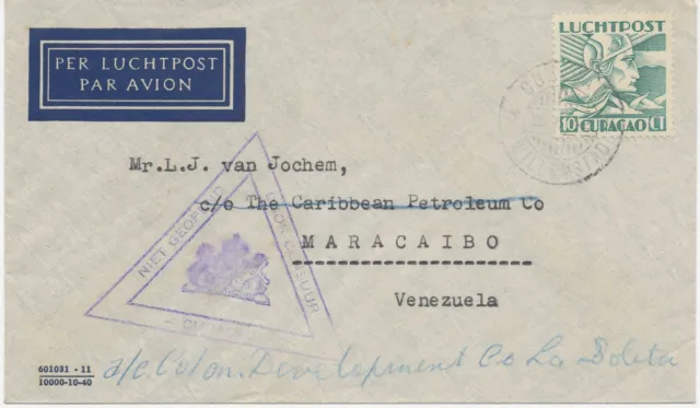 CURACAO 1942, 10 C Merkur als EF a. Kab.-Lupo-Bf nach Venezuela Zensur-Stempel