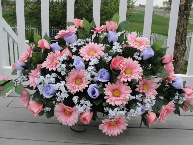 Mothers Day Cemetery Tombstone Saddle Headstone Lavender Pink Roses Babys Breath