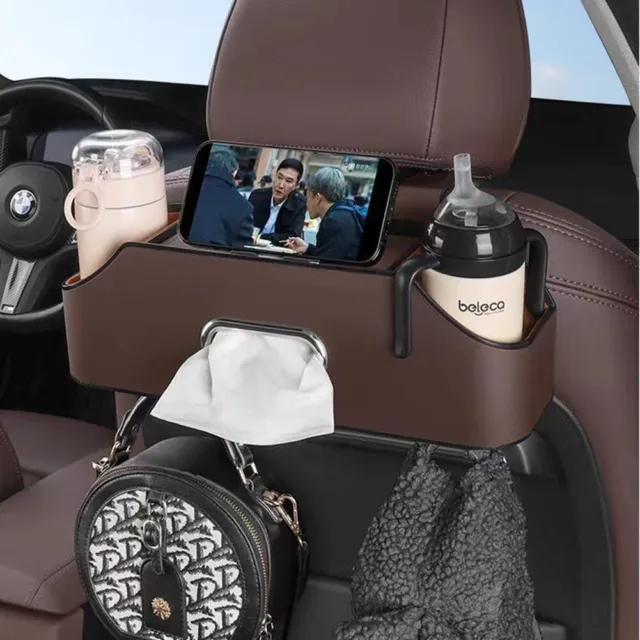 Brown Car Headrest Backseat Organizer w/Cup Holder,Tissue Box,Phone Mount
