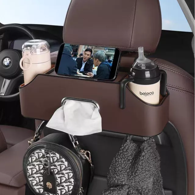 Brown Car Headrest Backseat Organizer w/Cup Holder,Tissue Box,Phone Mount
