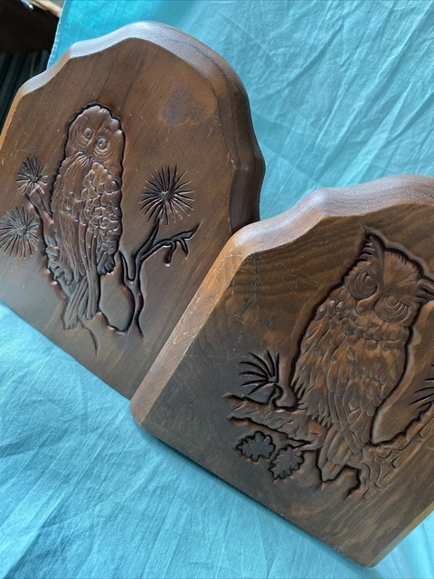 Vintage Pair Hand Carved Wooden Owl Bookends 7" Library One W Scratches Taiwan