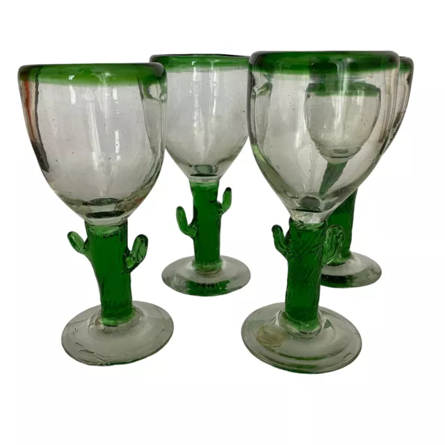 Wine Glasses Hecho En Mexican Goblet Green Cactus Handblown Recycled Vintage