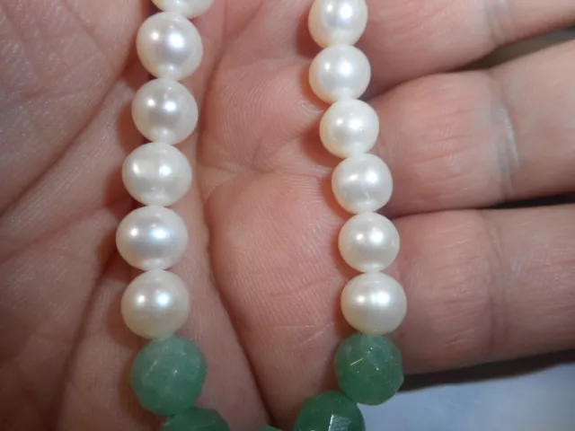 Necklace Aventurine & Cultured 7mm Pearl CHOKER STERLING  mint Italian Green Gem