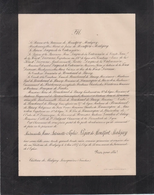 1897 Faire-part décès Marie-Antoinette-Sophie LÉGIER de MONTFORT-MALIJAY.