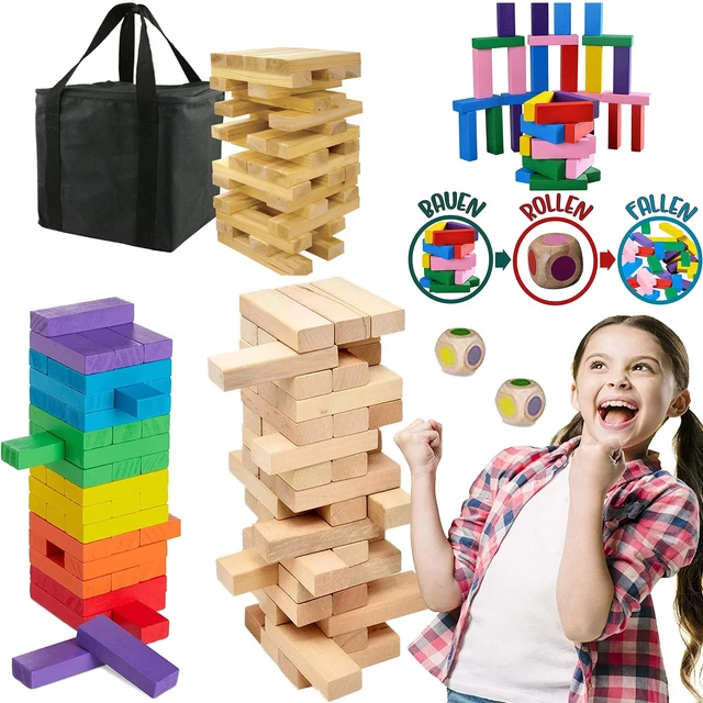 WOODEN TUMBLING TOWER Traditional Stacking Family Kids Game ...