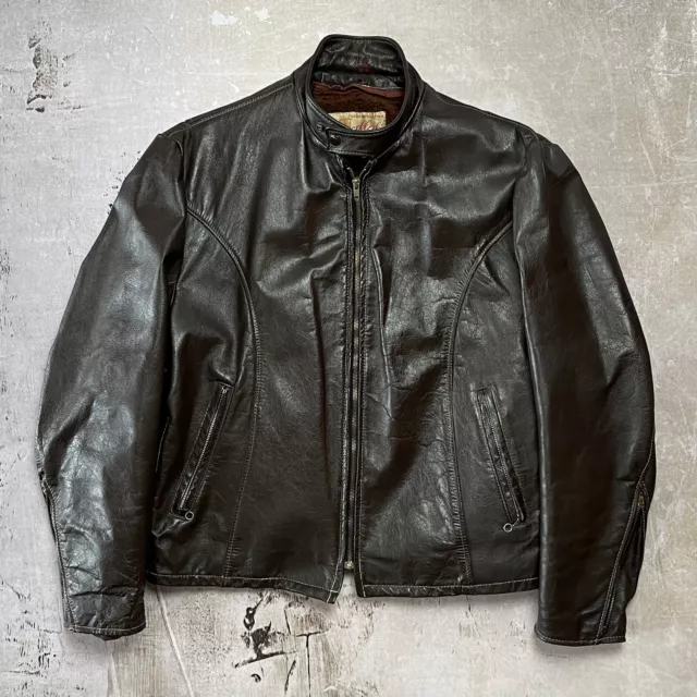 Vintage 80s Excelled Cafe Racer Leather Motorcycle Biker Jacket Made USA  46 BRN