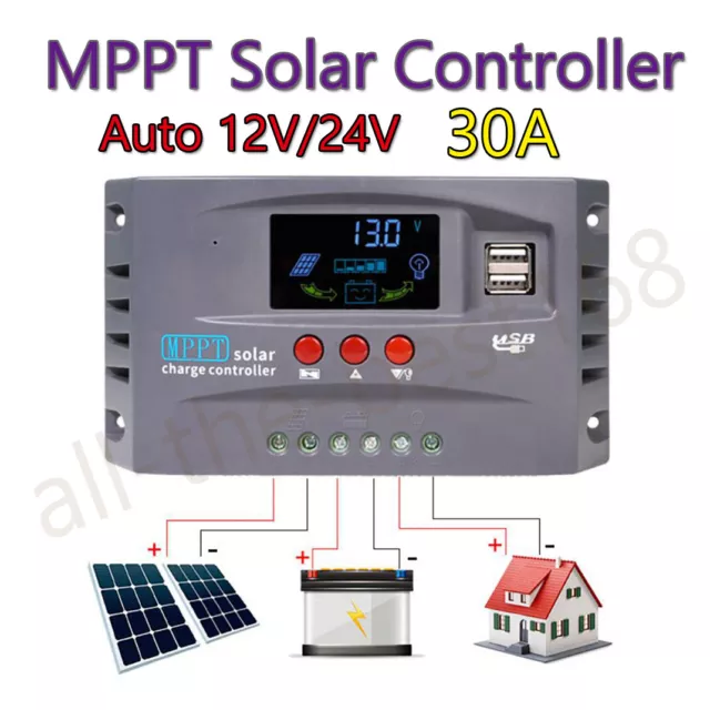 MPPT Solar Charge Controller Auto 12V 24V Regulator Battery LCD Dual USB 30A