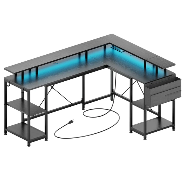 L SHAPED DESK Gaming Desk with LED Lights & Power Outlets, Computer