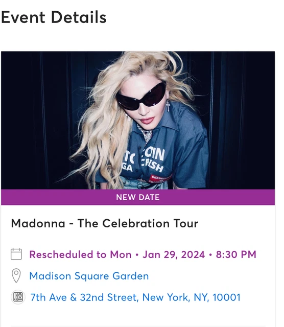 Madonna tickets x2 - Madison Square Gardens Jan 29, 2024