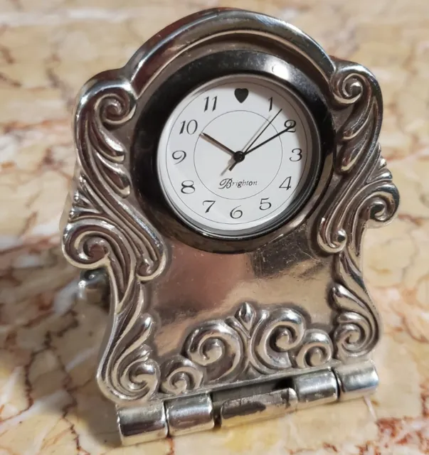 Vintage Brighton Folding Travel Clock Pocket Watch Small Silver Ornate Excellent