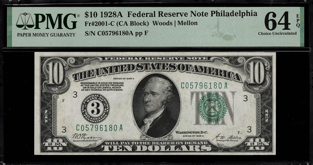 1928A $10 Federal Reserve Note Philadelphia FR.2001-C - PMG 64 EPQ - Numeric #3