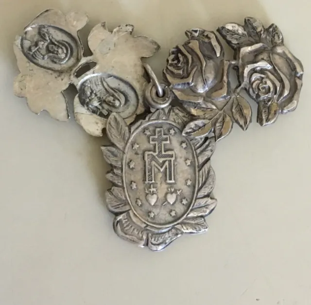 Vintage Sterling Catholic Pendant 3 Pc Slide Locket Medal Repousse Roses Cover