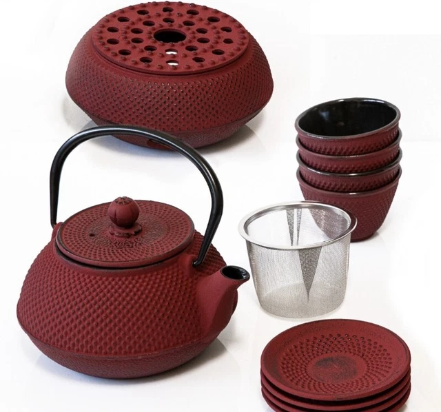 TEEKANNE GUSSEISEN MIT Stövchen & Tassen Komplett Edelstahl Sieb Rostrot 900ml EUR 59,90