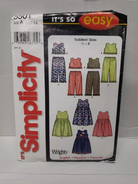 SIMPLICITY Sewing Pattern #5501 Toddler Dress or Top & Pants Sz 1/2-4 -Uncut FF-