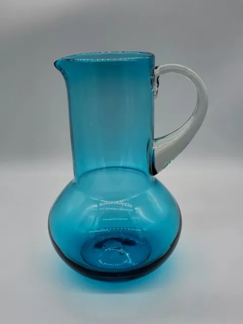 MCM Bischoff Glass Hand Blown Turquoise Blue Applied Clear Handle Pitcher 11"