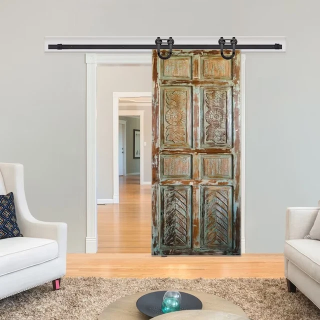 Rustic Farmhouse Barn Door, Rustic Carved Green Door Panel, Handcarved Barn Door 2