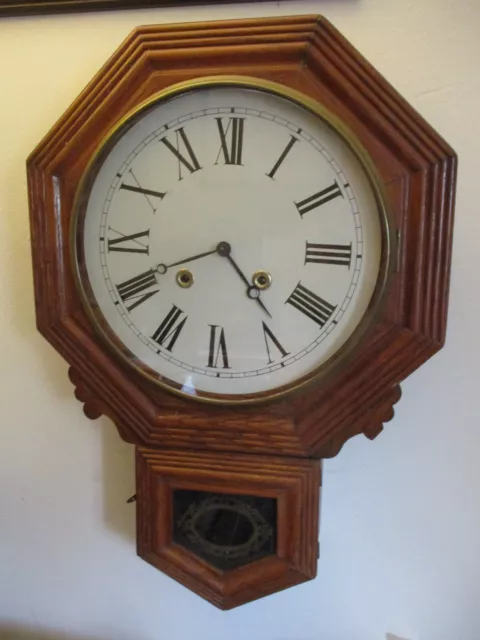 Antique Ansonia Golden Oak Octagonal Drop Dial School Office Wall Clock 12" Dial