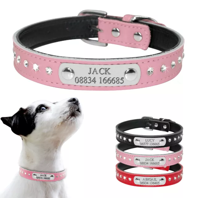 Rhinestone Personalised Dog Collars Custom Leather Pet ID Collar Name Engraved