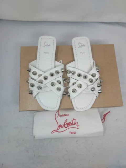 CHRISTIAN LOUBOUTIN Miss Spika Stud Flat White Sandal Size EU 36.5 US 6.5 WOMENS