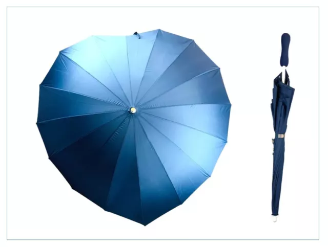 Soake Navy Blue Heart Shaped Large Long Umbrella Boutique Gift Windproof Brolley