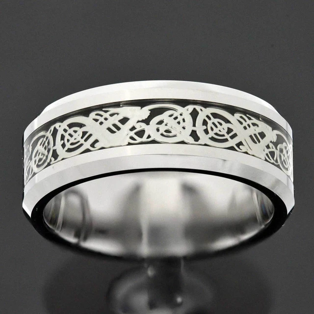 8mm Tungsten Carbide Silver Dragon Celtic Scroll Inlay Ring Men's Wedding Band