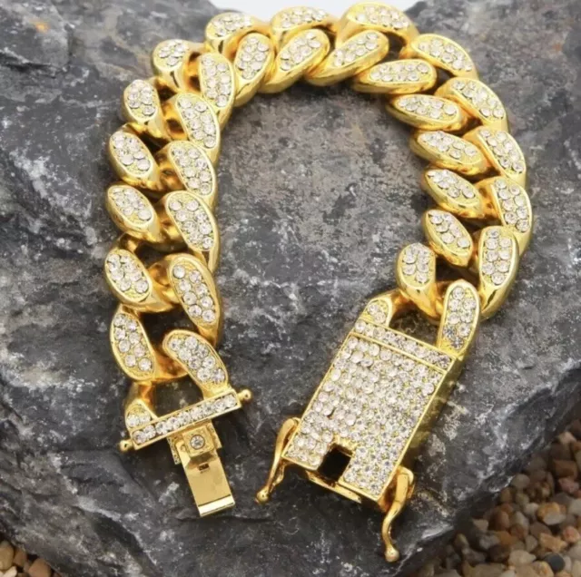 Miami Cuban Natural Diamond Bracelet Mens 14K Yell Gold Plating Pave Round Cut