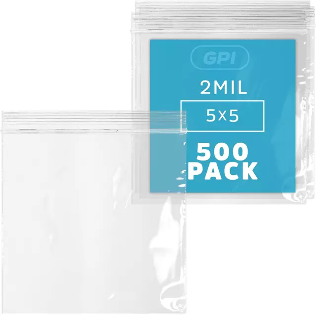 GPI - PACK of 500 5" X 5" CLEAR PLASTIC RECLOSABLE ZIP BAGS - Bulk 2 Mil Thick