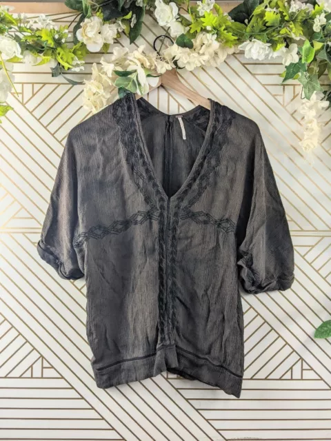 Free People Women's Boho Embroidery Blouse Top V Neck Brown Size XS