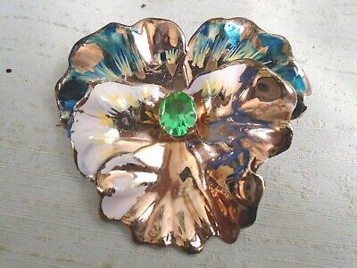 Lovely Large Coro Sterling Silver Copper Plated Hand Painted Flower Brooch Pin