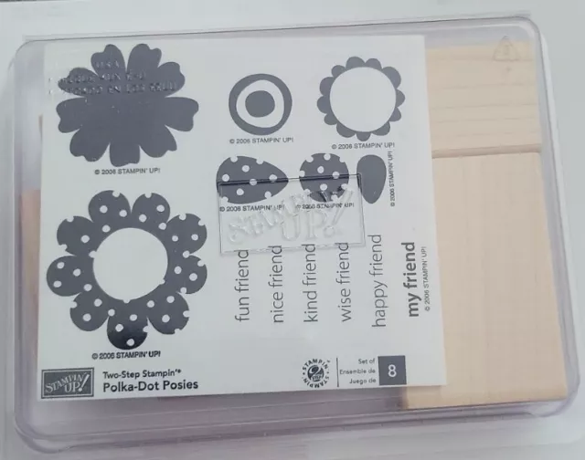 Stampin Up Polka-Dot Posies 8 Wood Rubber Stamps UNMOUNTED SET