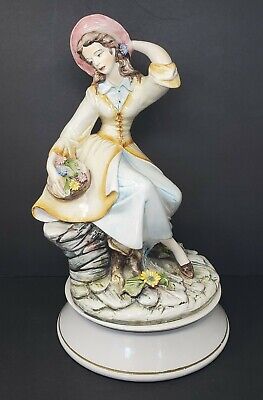 Vtg Capodimonte Porcelain Statue Lady Figurine w Flower Basket Large 19" ITALY