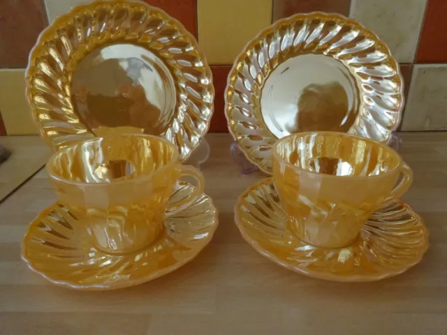 Anchor Fire King USA Made Vintage Peach Lustre Swirl Cup Saucer & Plate Trio x2