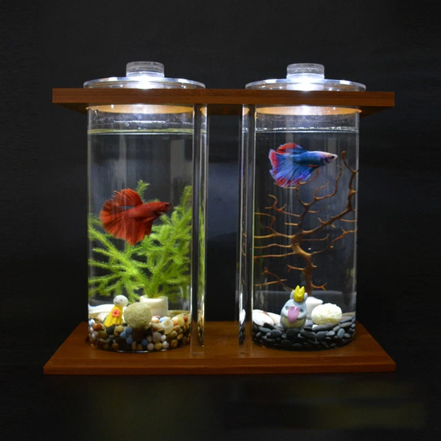 Dual Glass Betta Mini Fish Tank Bamboo Base Mini Aquarium Goldfish Tank Desktop