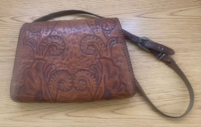 Vintage Tooled Leather  Purse Bag Carved Handbag 1952 Made By Inmates Santa Fe