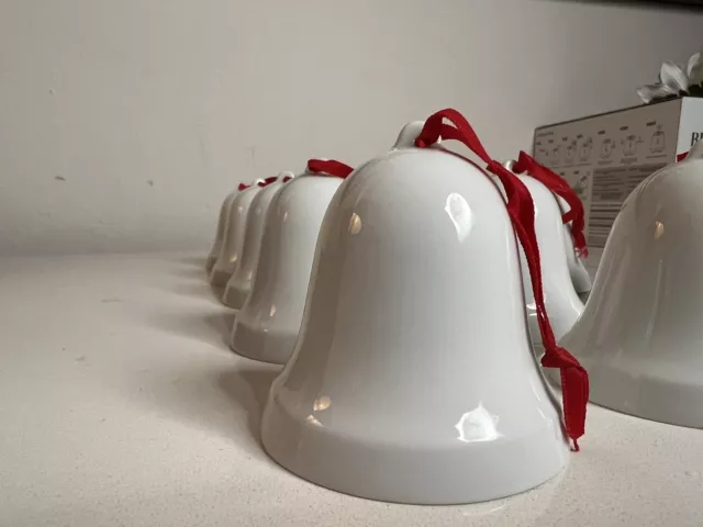Vintage Midwest White Porcelain Bell Red Ribbon 1 ½” Tall Japan Lot Of 15