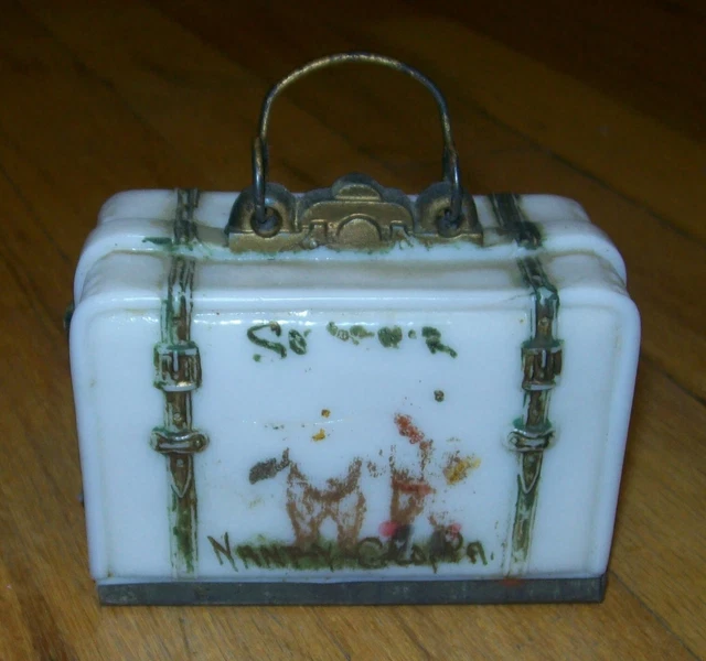 Opaque White Milk Glass Suitcase Candy Container ~ Souvenir