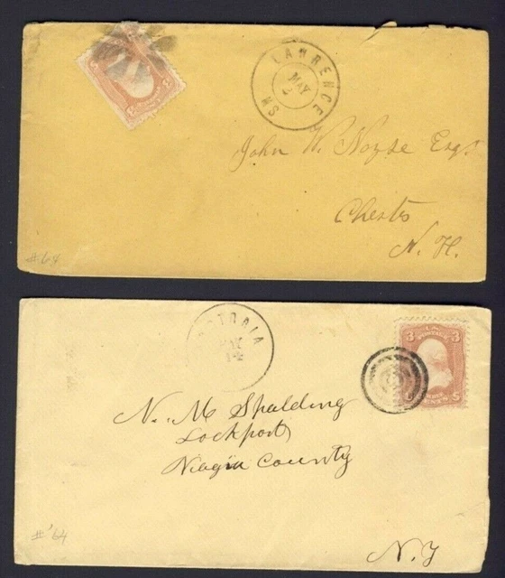 2x USA stamped covers 3c Washington Civil War Era PM LAWRENCE MS & ???TARIA