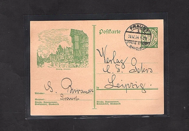 Danzig, Ganzsache Mi.-Nr. P 45 Krantor von Praust gelaufen.