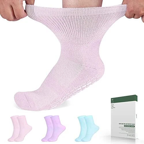 Diabetic Socks Grips Women&Men Bamboo Ankle Non Binding Bright Colors-3pairs