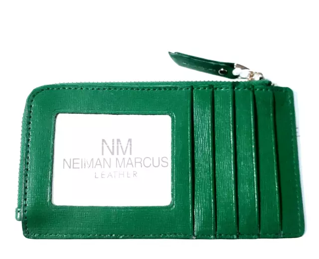 Neiman Marcus Slim Zip Wallet Card Case Green Saffiano Leather Goldtone NWT