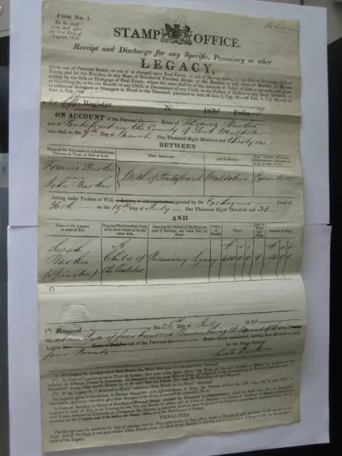 Legal Document - Stamp Office - Receipt and discharge of Legacy - 26 July, 1831