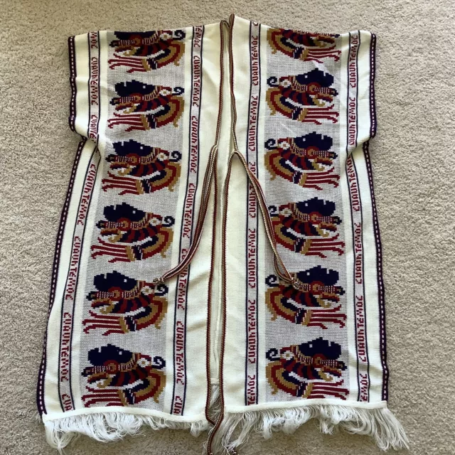 Vintage 1970's Poncho Aztec Ruler Warrior Cuauhtemoc Rug Serape Knitted Tribal