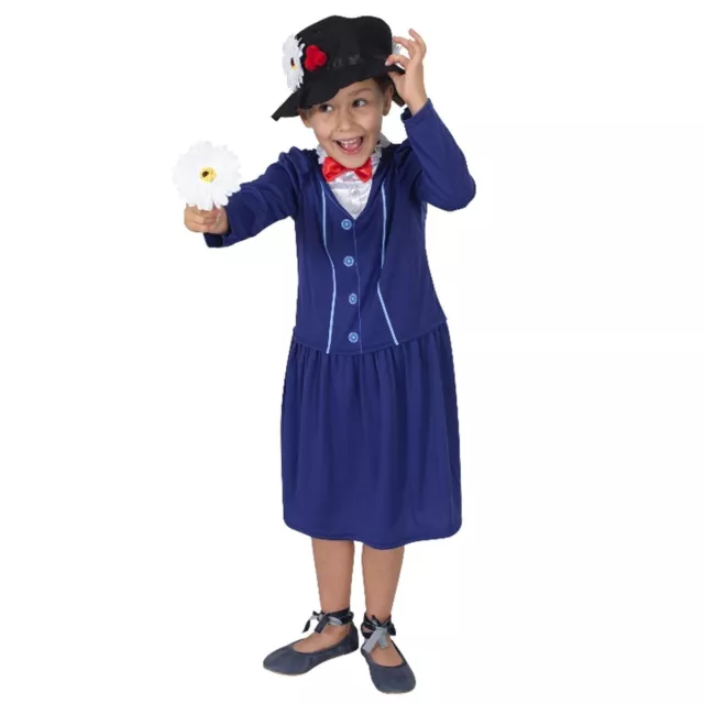 Mary Poppins Costume Child Disney Nanny Book Week Blue Dress Black Hat Flowers